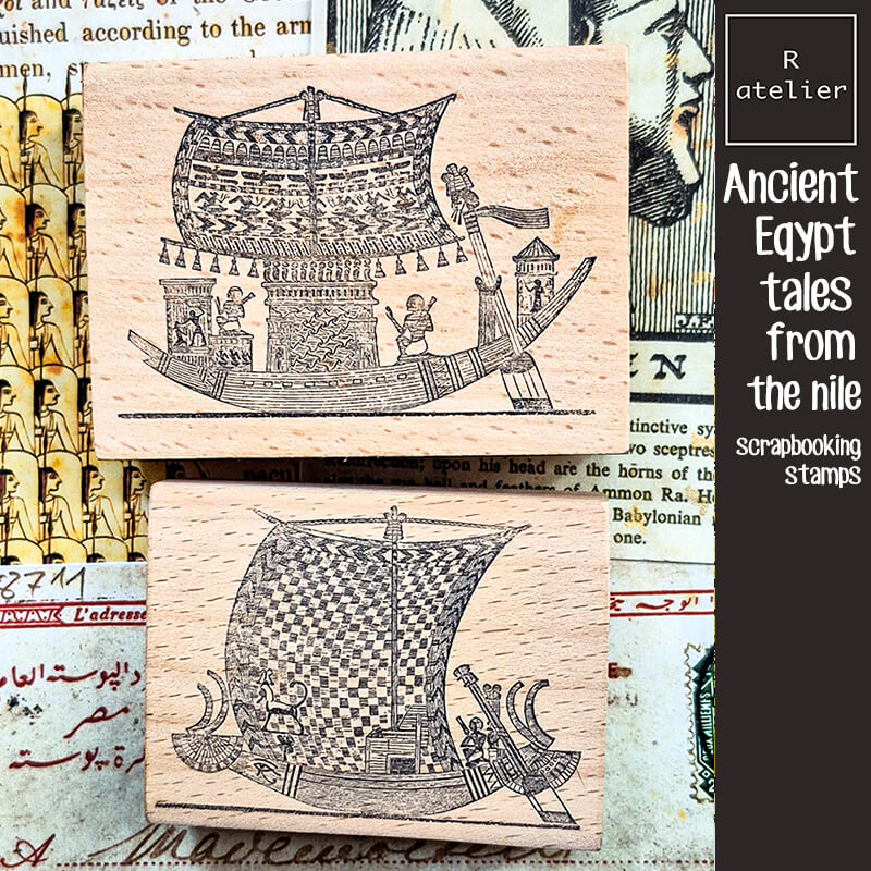 Two ancient Nile River boat from tomb of Ramesses III stamps on a textured background with text and hieroglyphs.