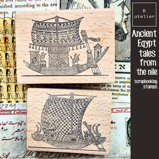 Two ancient Nile River boat from tomb of Ramesses III stamps on a textured background with text and hieroglyphs.