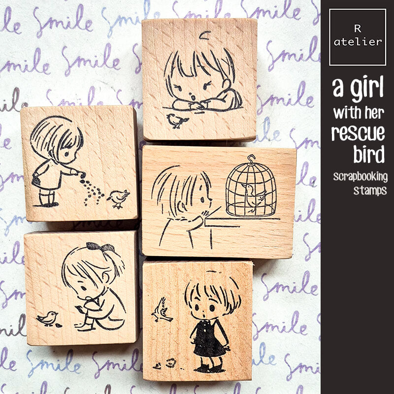 Kawaii Girl Bird Rescue Daily Life Diary Scrapbooking Wooden Stamp