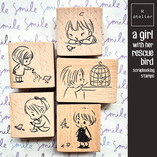 Kawaii Girl Bird Rescue Daily Life Diary Scrapbooking Wooden Stamp