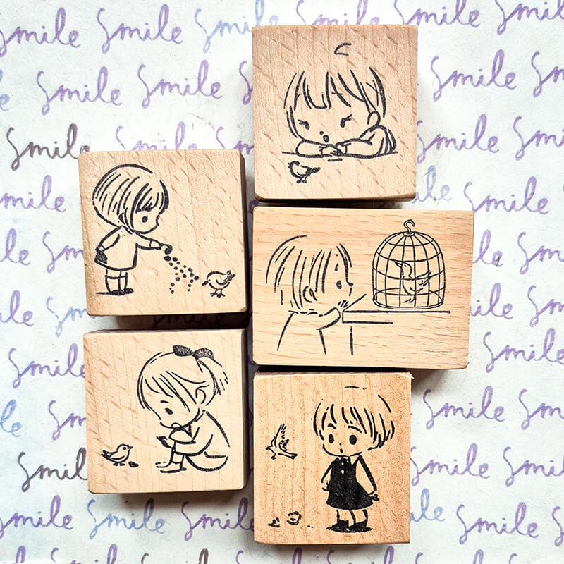 Kawaii Girl Bird Rescue Daily Life Diary Scrapbooking Wooden Stamp