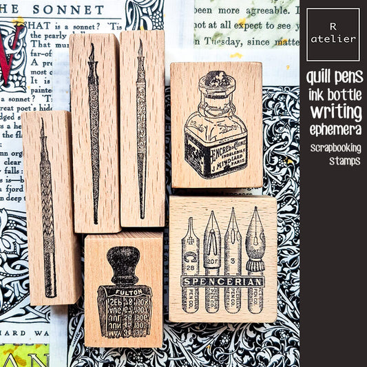 Quill Nib Pens Ink Bottle Scrapbooking Wooden Stamp