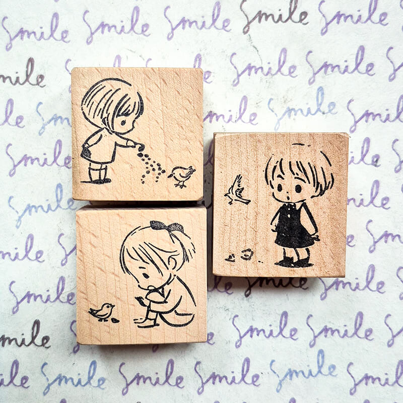 Kawaii Girl Bird Rescue Daily Life Diary Scrapbooking Wooden Stamp