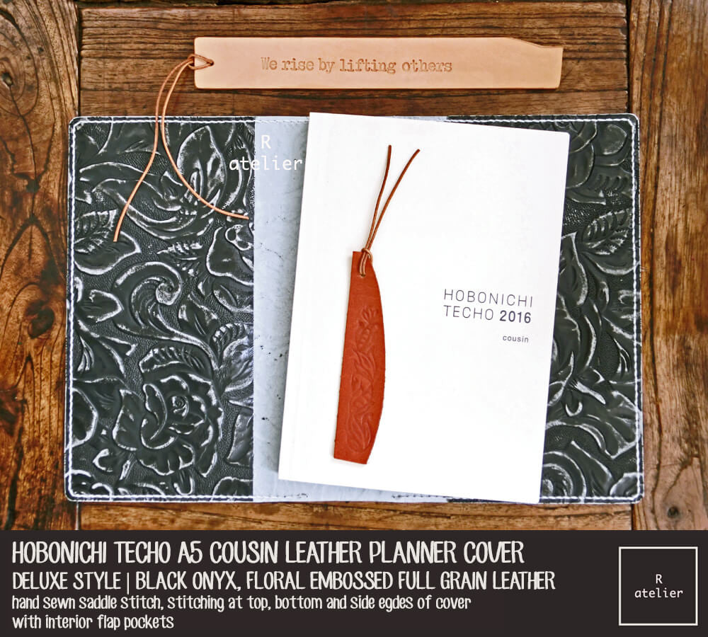 R.atelier Hobonichi Techo Cousin A5 Leather Planner Cover | Floral Embossed Black Onyx | Deluxe Style