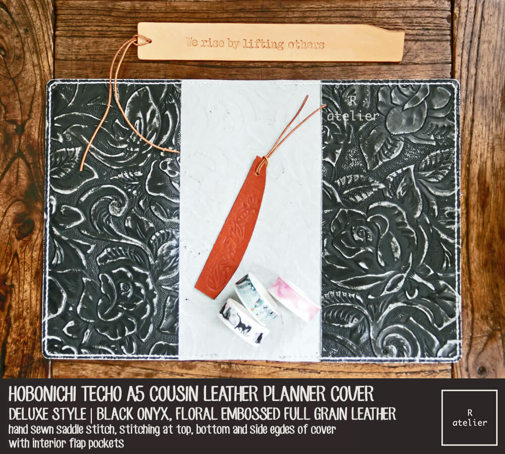 R.atelier Hobonichi Techo Cousin A5 Leather Planner Cover | Floral Embossed Black Onyx | Deluxe Style