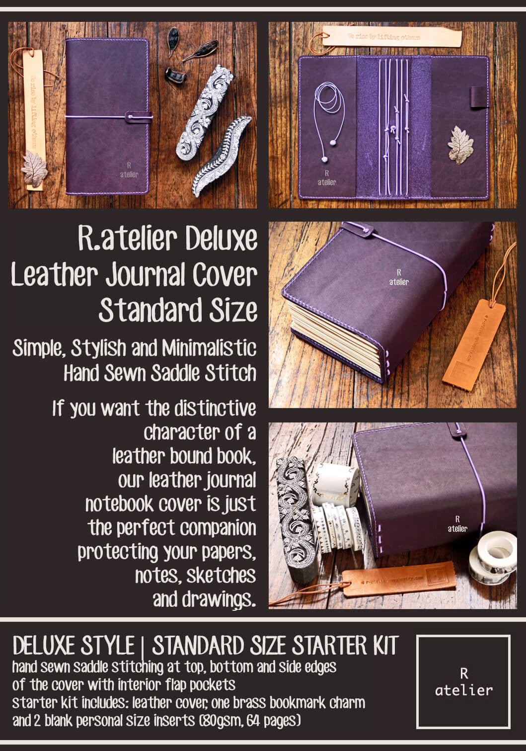 R.atelier Standard Size Traveler's Notebook Leather Cover | Eggplant Purple | Starter Kit