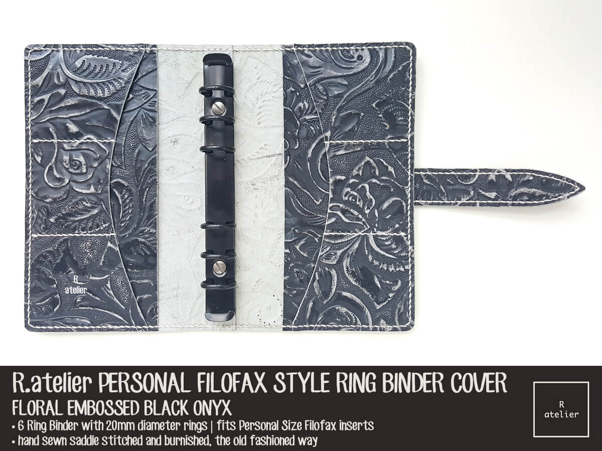 R.atelier Personal Filoflax Style Leather Planner Cover | Floral Embossed Black Onyx