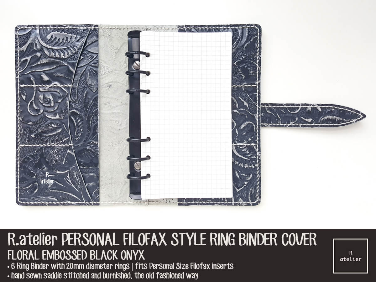 R.atelier Personal Filoflax Style Leather Planner Cover | Floral Embossed Black Onyx