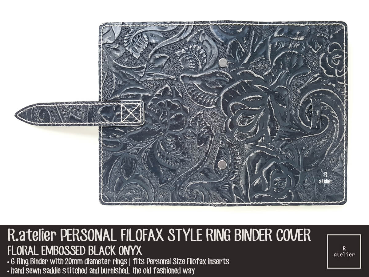 R.atelier Personal Filoflax Style Leather Planner Cover | Floral Embossed Black Onyx