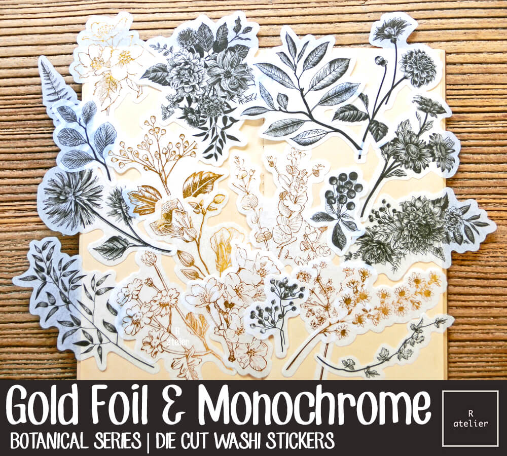 Gold Foil & Monochrome Plants | Die Cut Washi Stickers