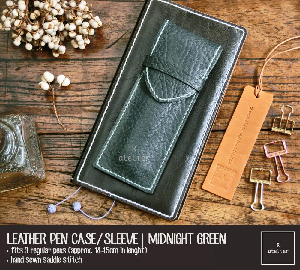 Handmade Leather Pen Case / Sleeve | Midnight Green