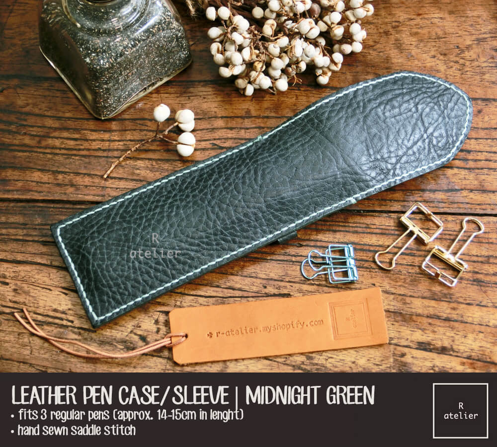 Handmade Leather Pen Case / Sleeve | Midnight Green