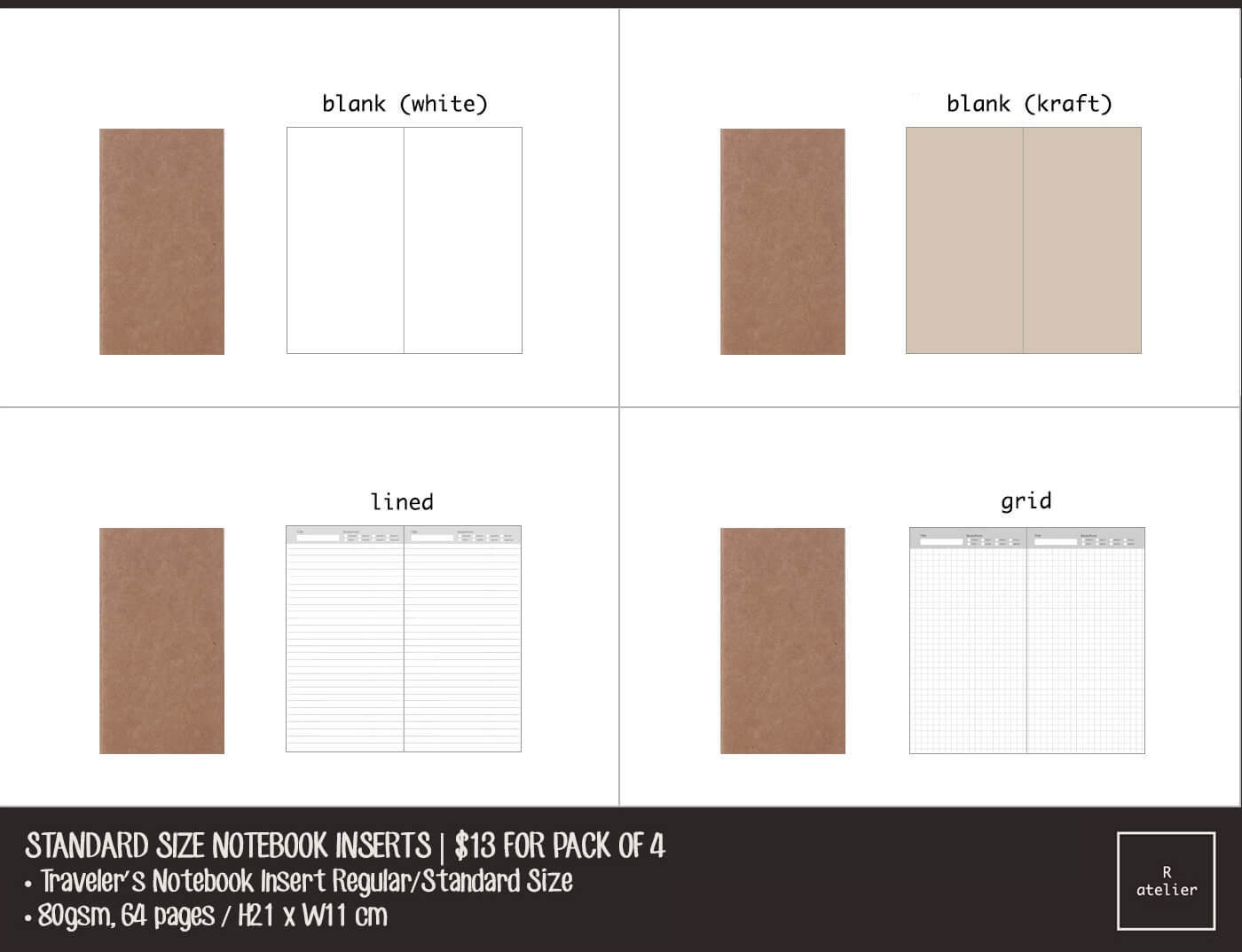 Pack of 4 Notebook Refills | Traveler's Notebook Standard / Regular Size