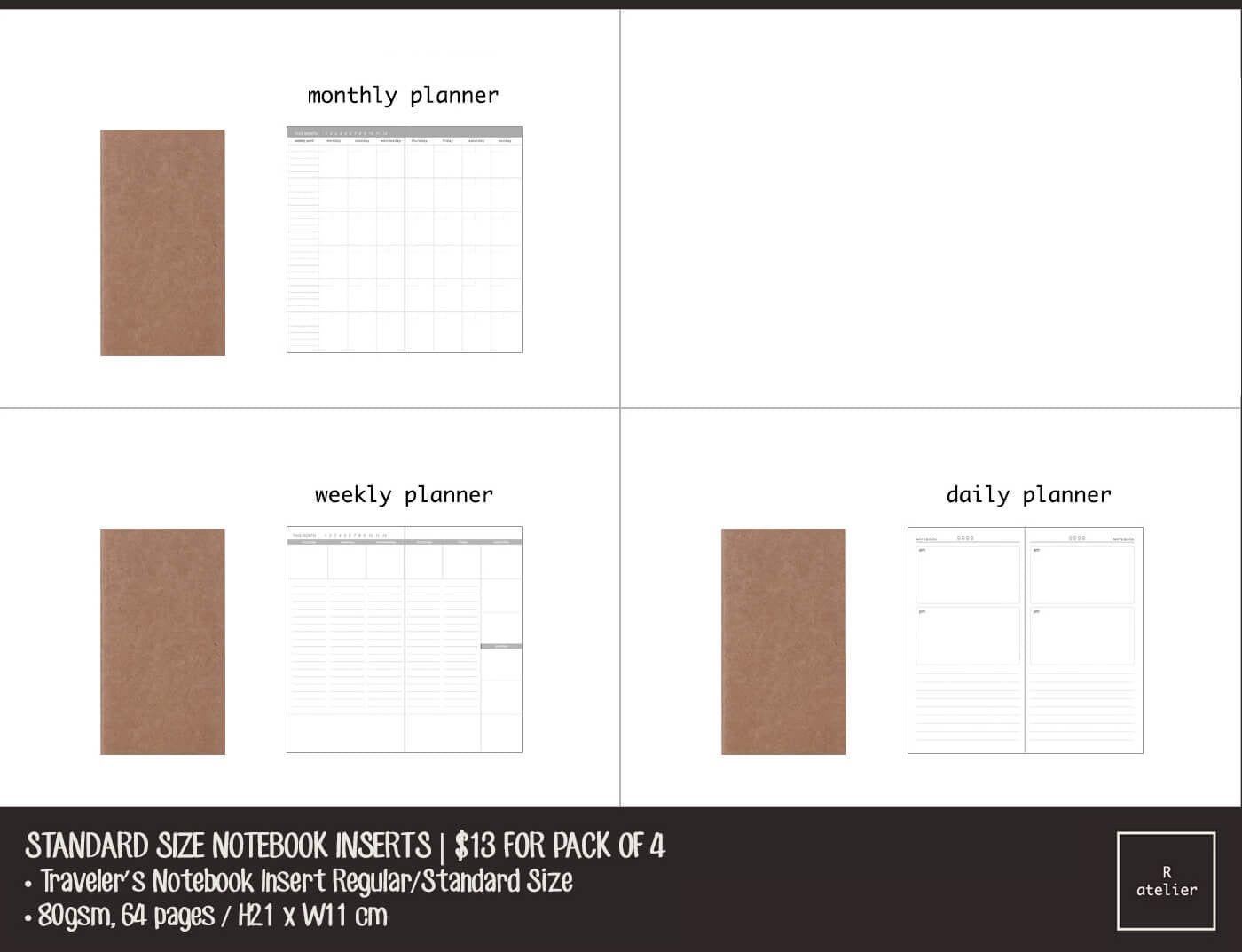 Pack of 4 Notebook Refills | Traveler's Notebook Standard / Regular Size