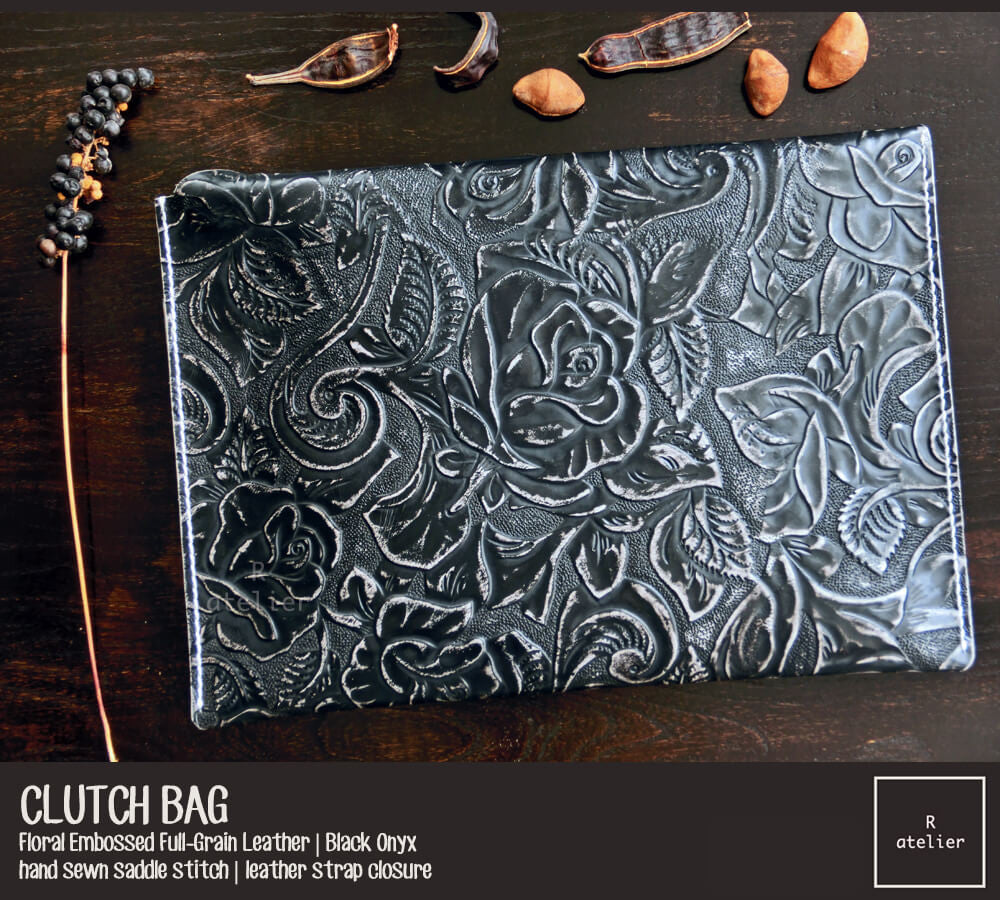 Handmade Leather Clutch Bag | Floral Embossed Black Onyx Full Grain Leather
