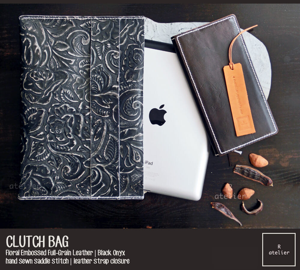 Handmade Leather Clutch Bag | Floral Embossed Black Onyx Full Grain Leather