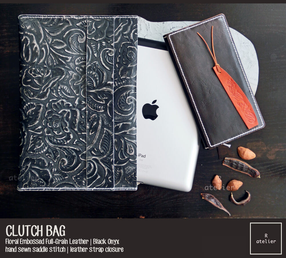 Handmade Leather Clutch Bag | Floral Embossed Black Onyx Full Grain Leather