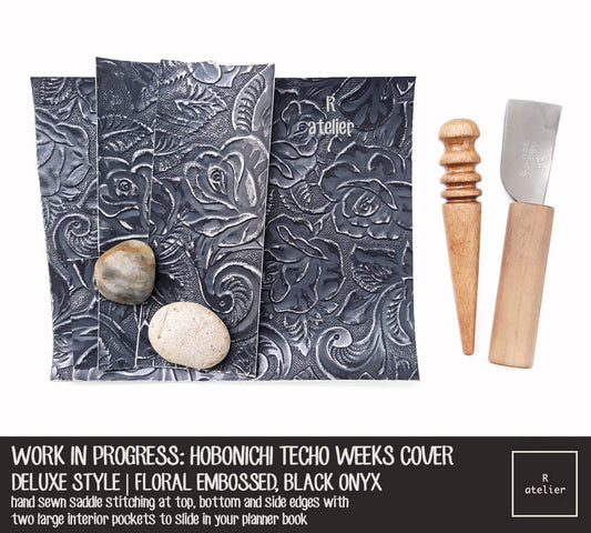 WORK IN PROGRESS: R.atelier Floral Embossed Black Onyx Hobonichi Techo Weeks Planner Leather Cover
