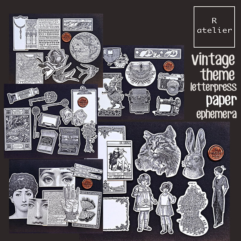 Vintage Theme Letterpress Scrapbooking Paper Ephemera Kit