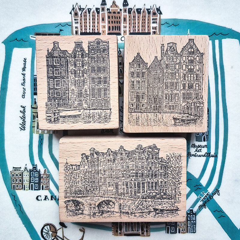 Amsterdam Canal Houses Travelogue Scrapbooking Wooden Stamp