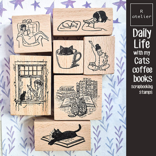 Daily Life Cats Books Coffee Scrapbooking Wooden Stamp
