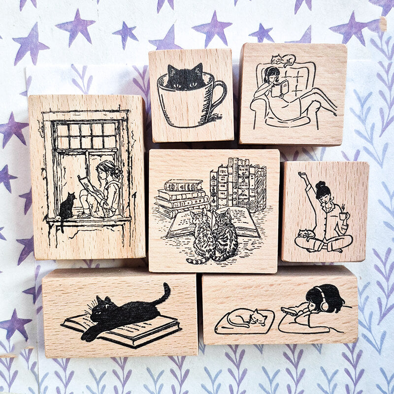 Daily Life Cats Books Coffee Scrapbooking Wooden Stamp