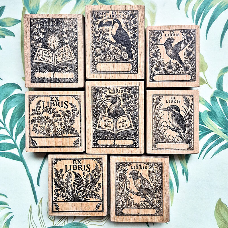 Tropical Birds Ferns Nature Bookplate Scrapbooking Wooden Stamp