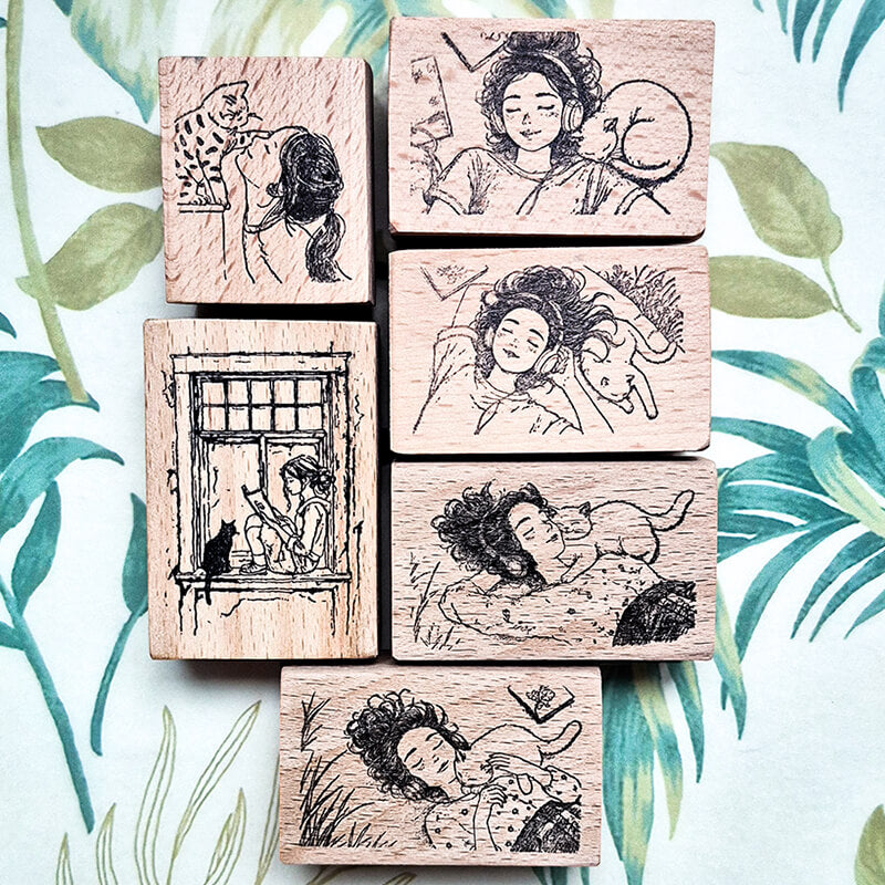 Daily Life Chill Time Cat Lovers Scrapbooking Wooden Stamp