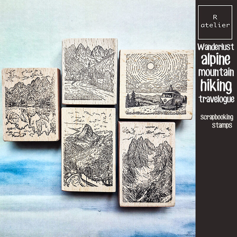 Wanderlust European Alpine Mountain Hiking Travelogue Scrapbooking Wooden Stamp