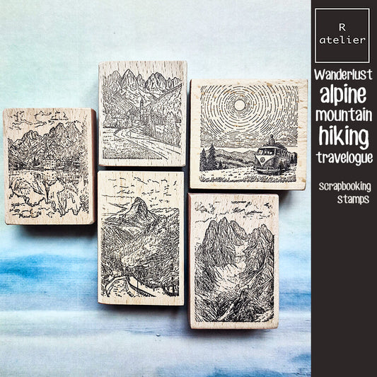Wanderlust European Alpine Mountain Hiking Travelogue Scrapbooking Wooden Stamp
