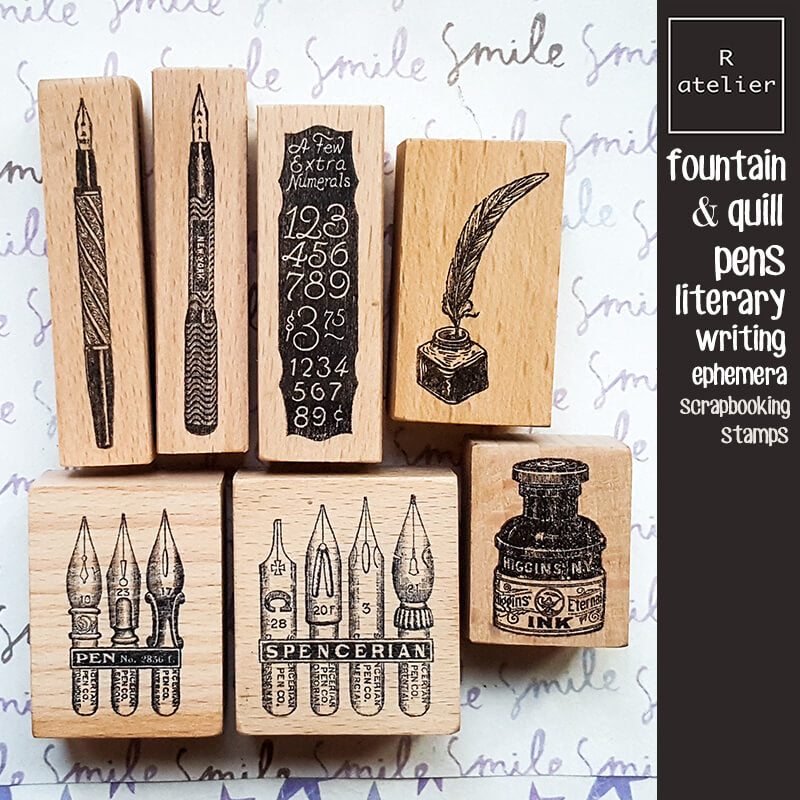 Fountain Quill Pens Literary Writing Ephemera Scrapbooking Wooden Stamp