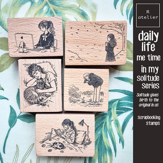 Set of wooden stamps with illustrations of people in various activities on a leafy background.