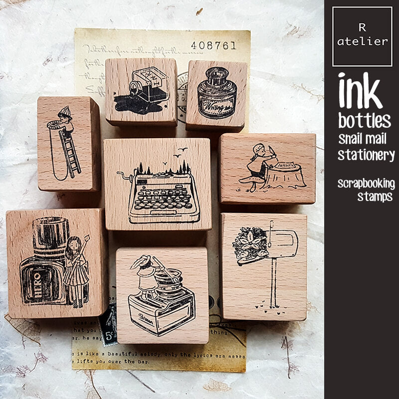 Ink Bottles Snail Mail Stationery Scrapbooking Wooden Stamp