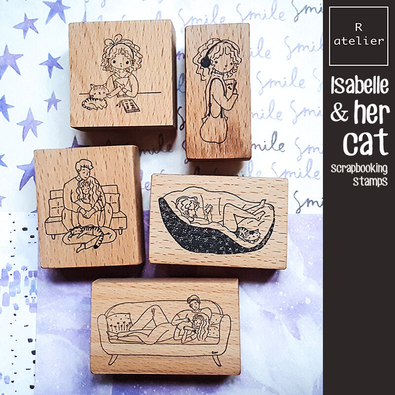 Isabelle and her cat Scrapbooking Wooden Stamps