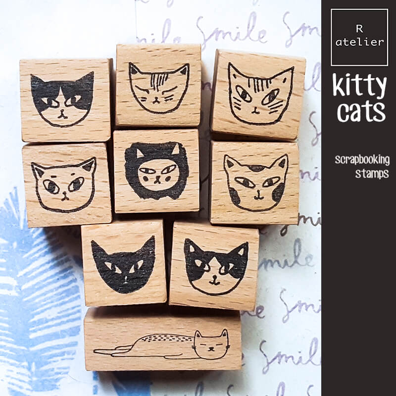 Whimsical Kitty Cat Portraits Scrapbooking Wooden Stamp