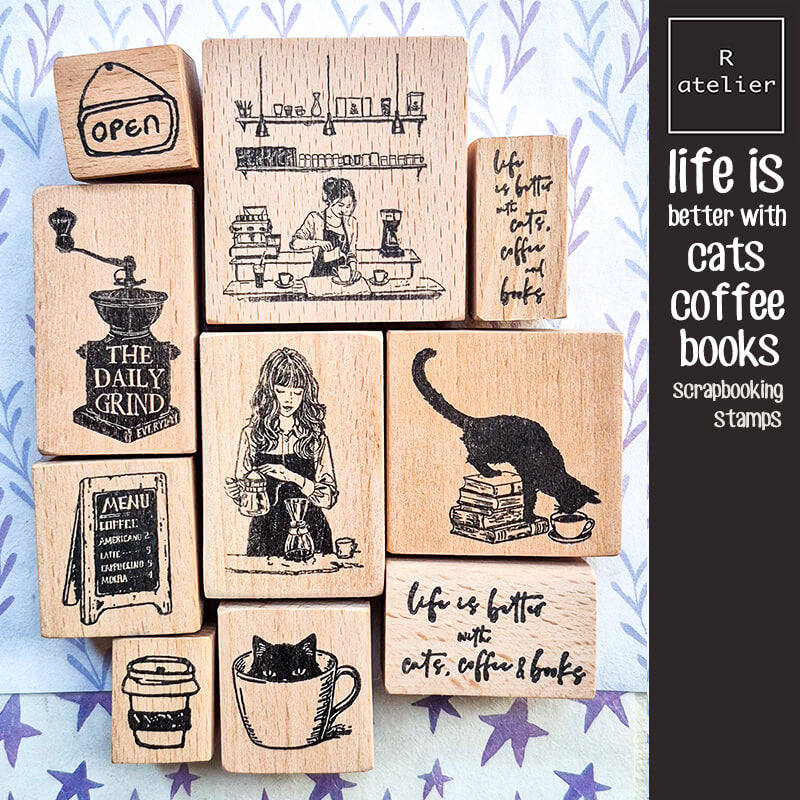 Daily Life Cats Books Coffee Scrapbooking Wooden Stamp