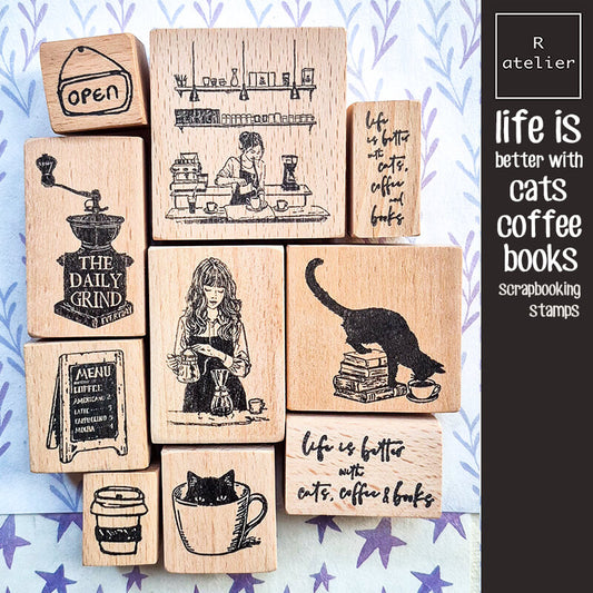 Daily Life Cats Books Coffee Scrapbooking Wooden Stamp