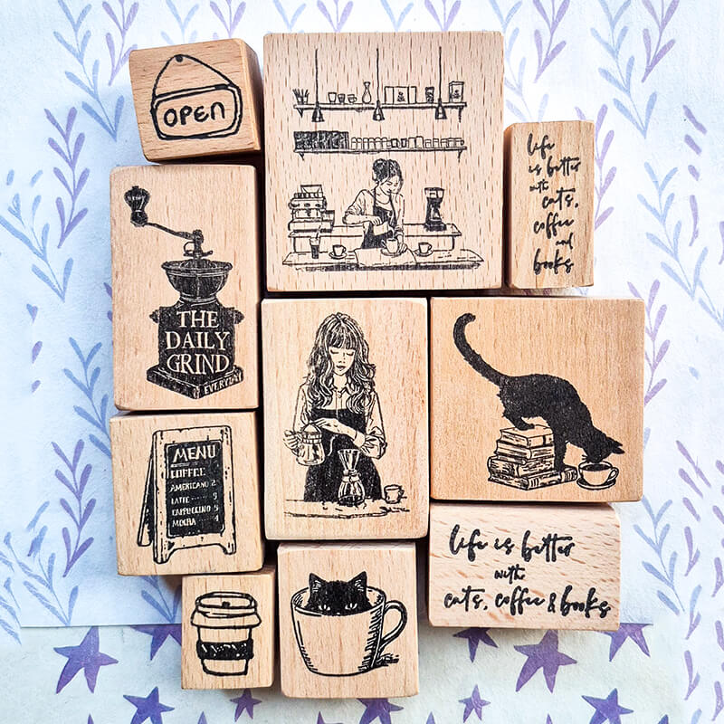Daily Life Cats Books Coffee Scrapbooking Wooden Stamp
