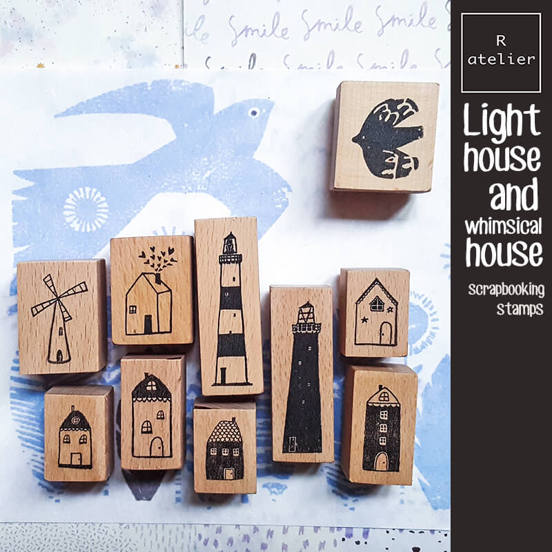 Lighthouse and Whimsical Homes Scrapbooking Wooden Stamp