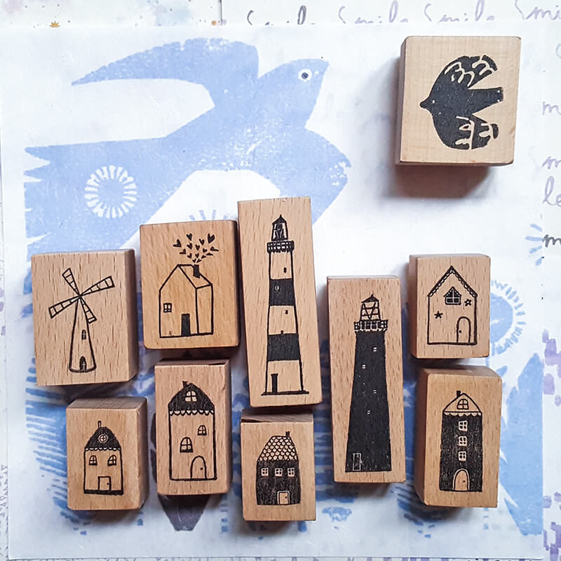 Lighthouse and Whimsical Homes Scrapbooking Wooden Stamp