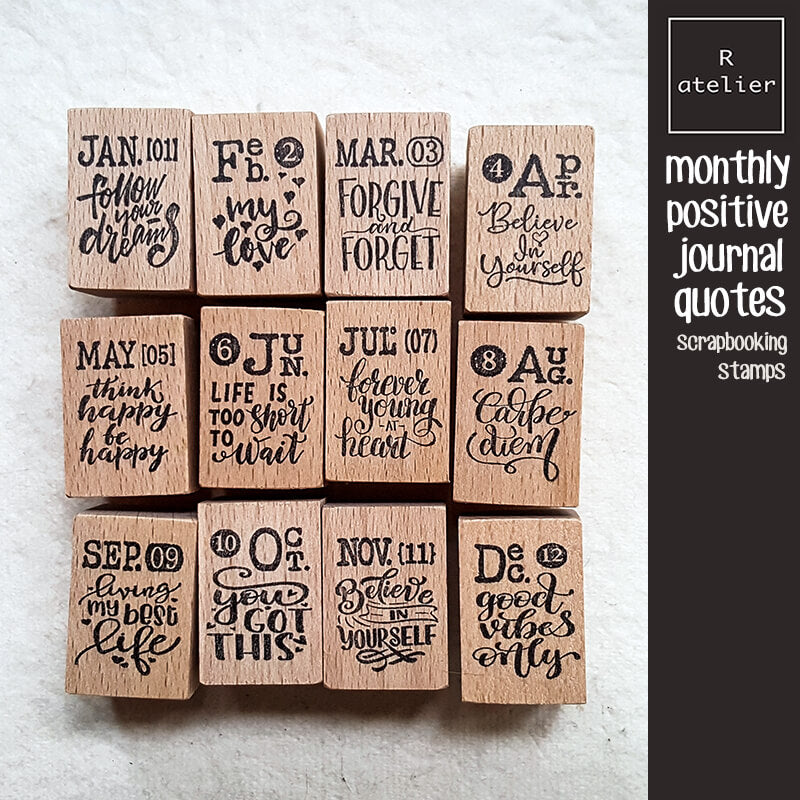 12 Monthly Positive Vibes Journal Quotes Scrapbooking Wooden Stamp