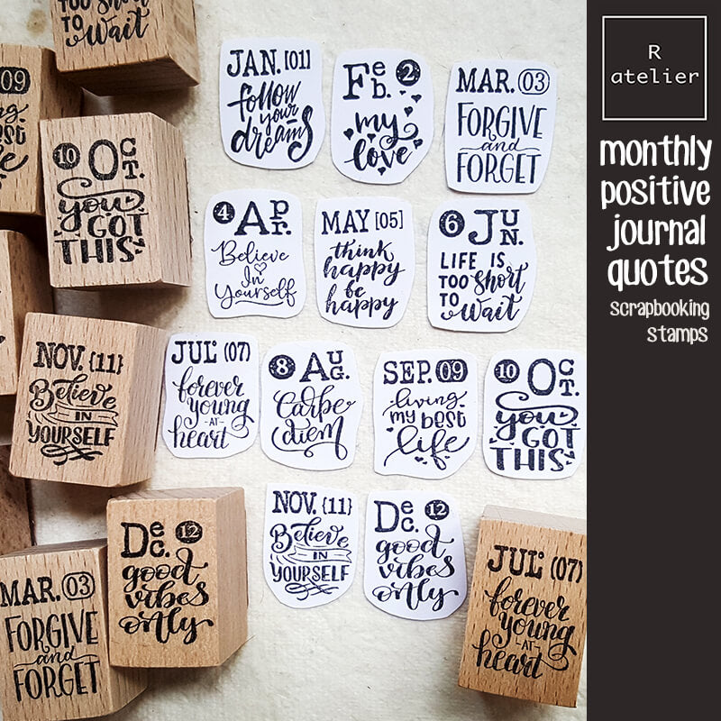 12 Monthly Positive Vibes Journal Quotes Scrapbooking Wooden Stamp