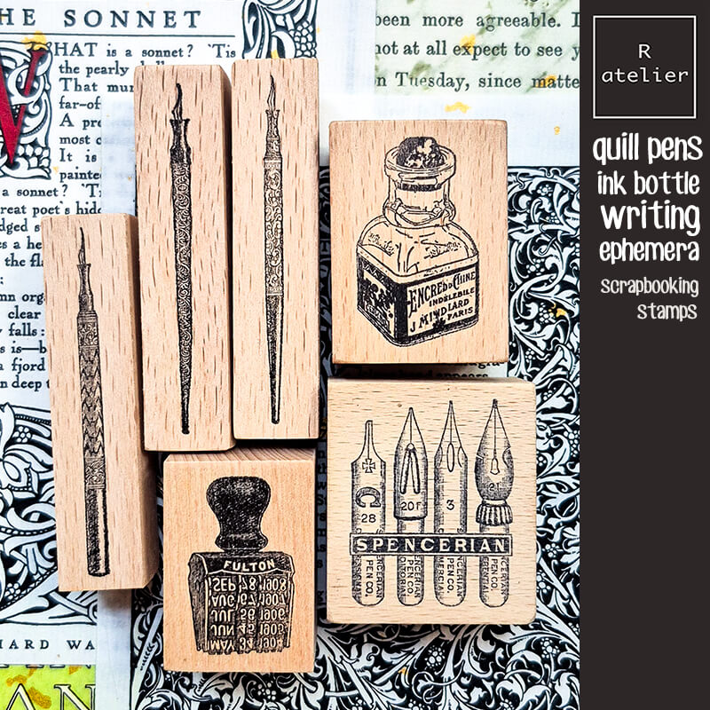 Quill Nib Pens Ink Bottle Scrapbooking Wooden Stamp