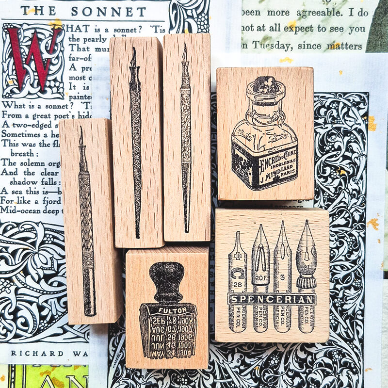 Quill Nib Pens Ink Bottle Scrapbooking Wooden Stamp