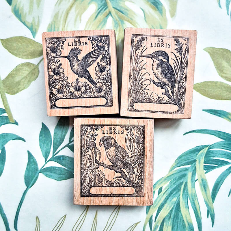 Tropical Birds Ferns Nature Bookplate Scrapbooking Wooden Stamp