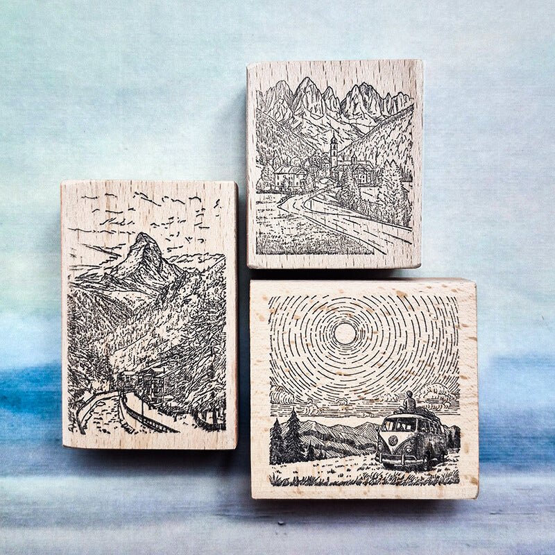 Wanderlust European Alpine Mountain Hiking Travelogue Scrapbooking Wooden Stamp