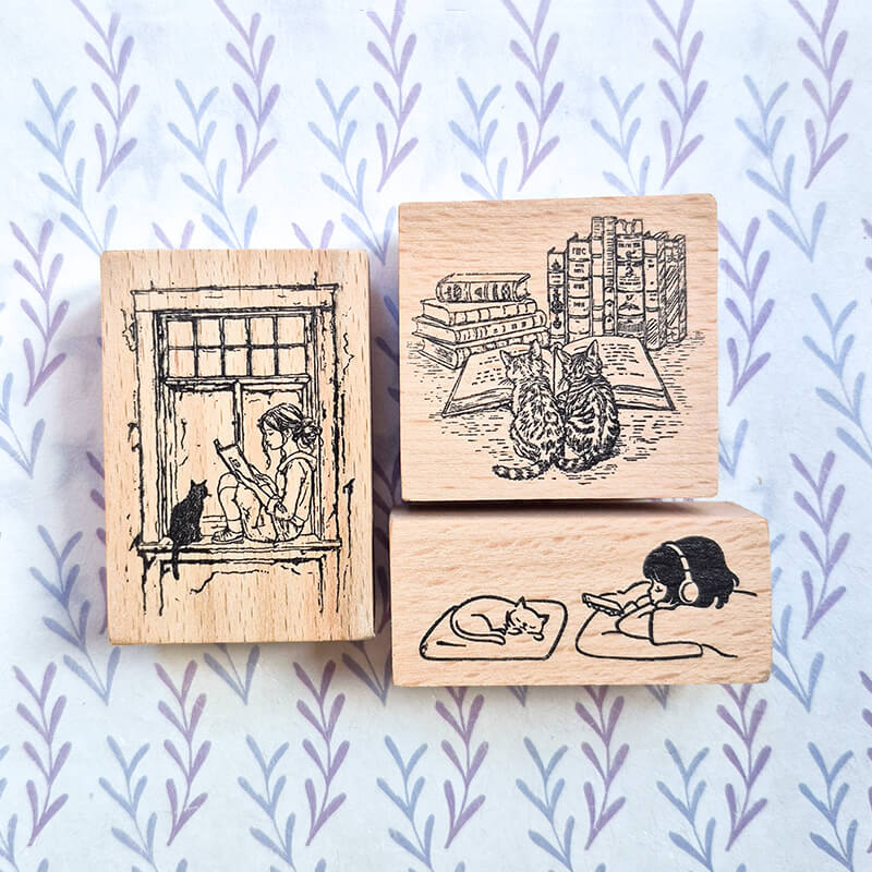 Daily Life Cats Books Coffee Scrapbooking Wooden Stamp