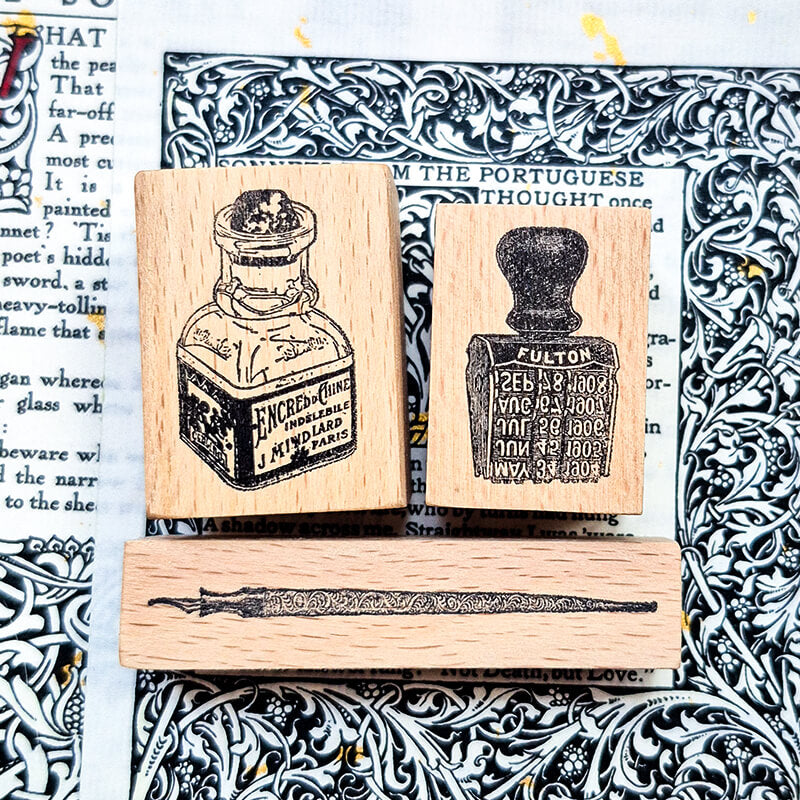 Quill Nib Pens Ink Bottle Scrapbooking Wooden Stamp