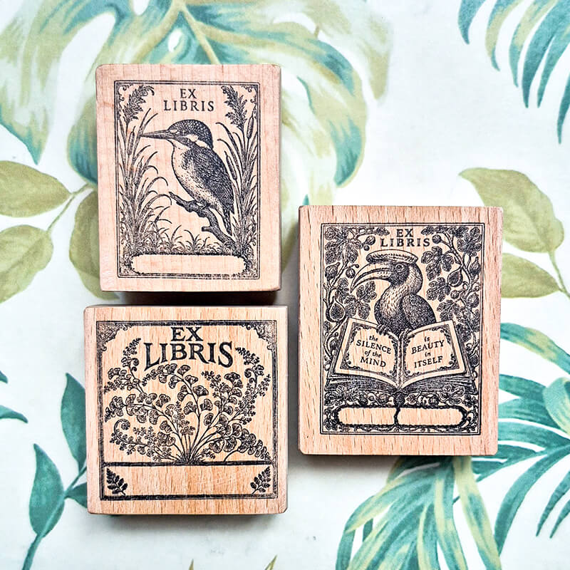 Tropical Birds Ferns Nature Bookplate Scrapbooking Wooden Stamp