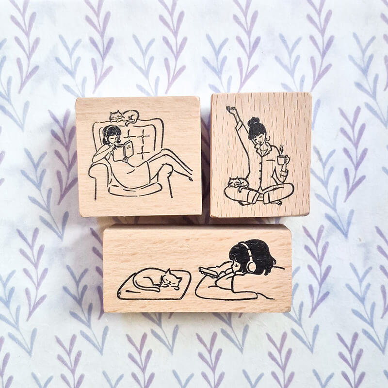 Daily Life Cats Books Coffee Scrapbooking Wooden Stamp